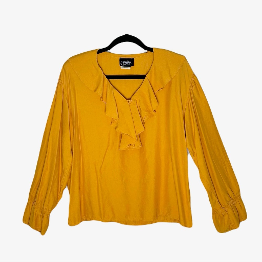 Vintage 1980s Broadway Place Ruffled Neckline Long Sleeves Blouse Mustard Yellow